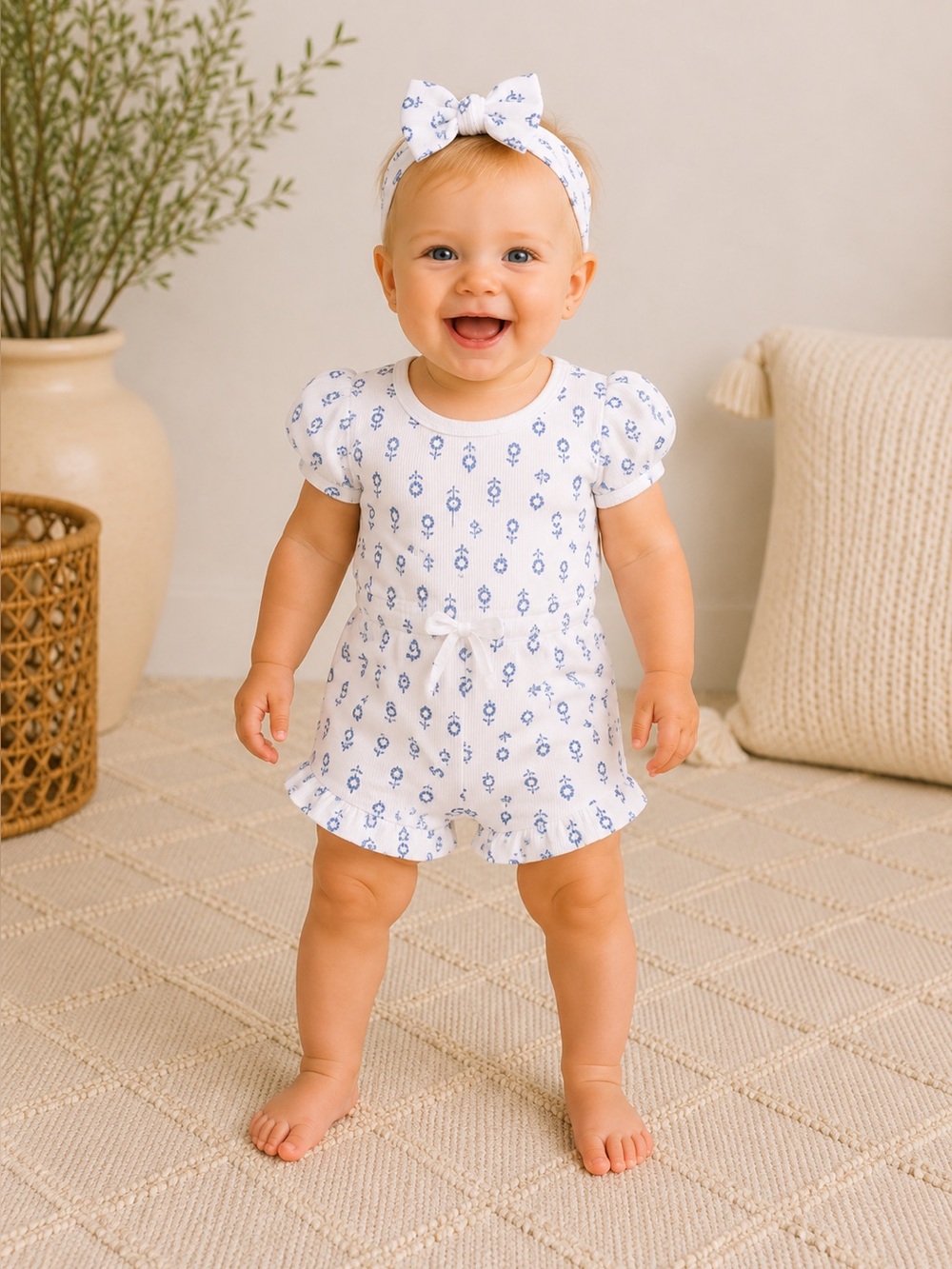 Rachel Zoe Baby Girl Puff Sleeve Floral Romper & Headband Set | NWT Size 6-9M
